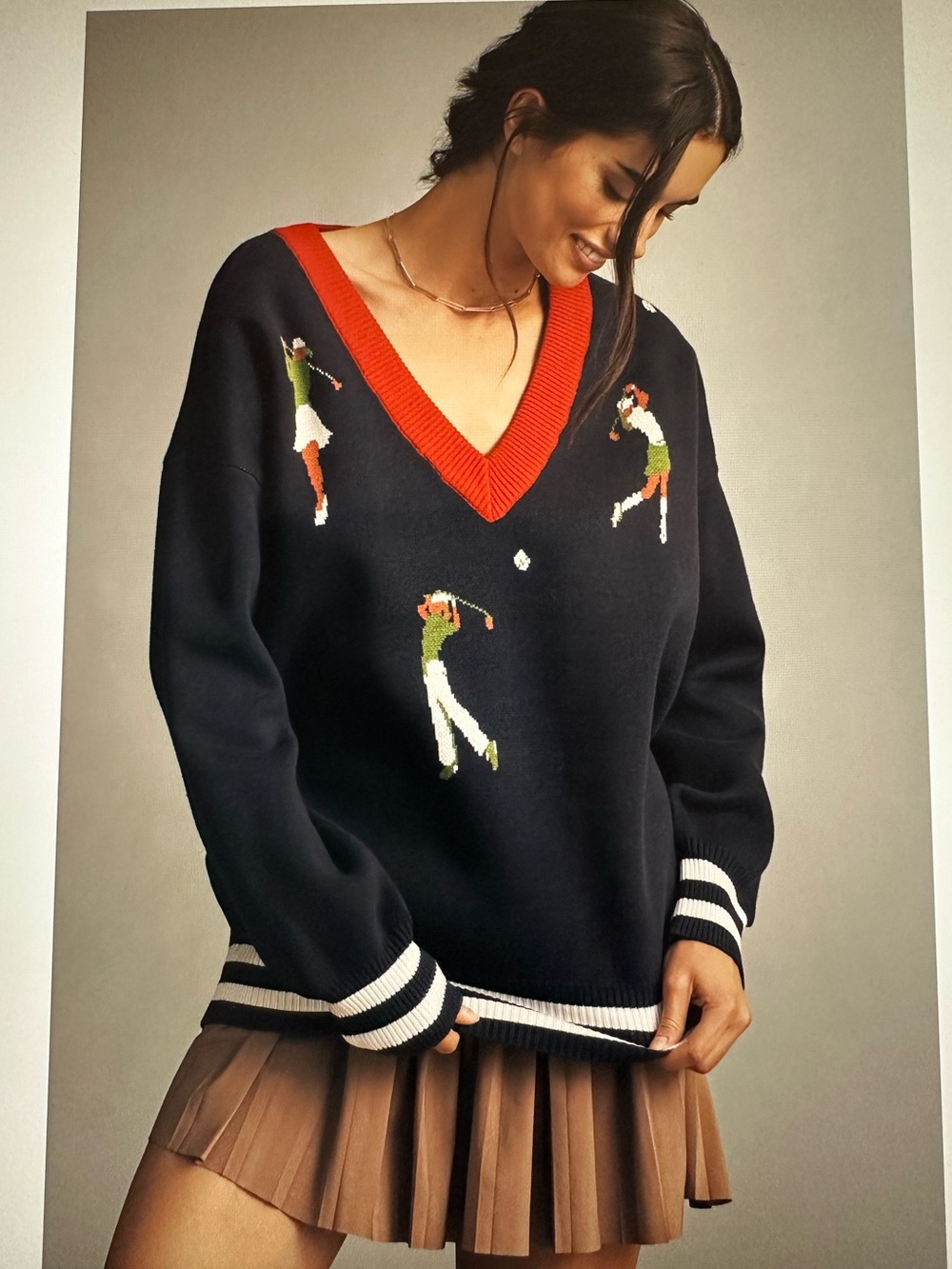 New with Tag! Anthropologie V-Neck Golf Player Sweater - Navy with Red Trim sz M